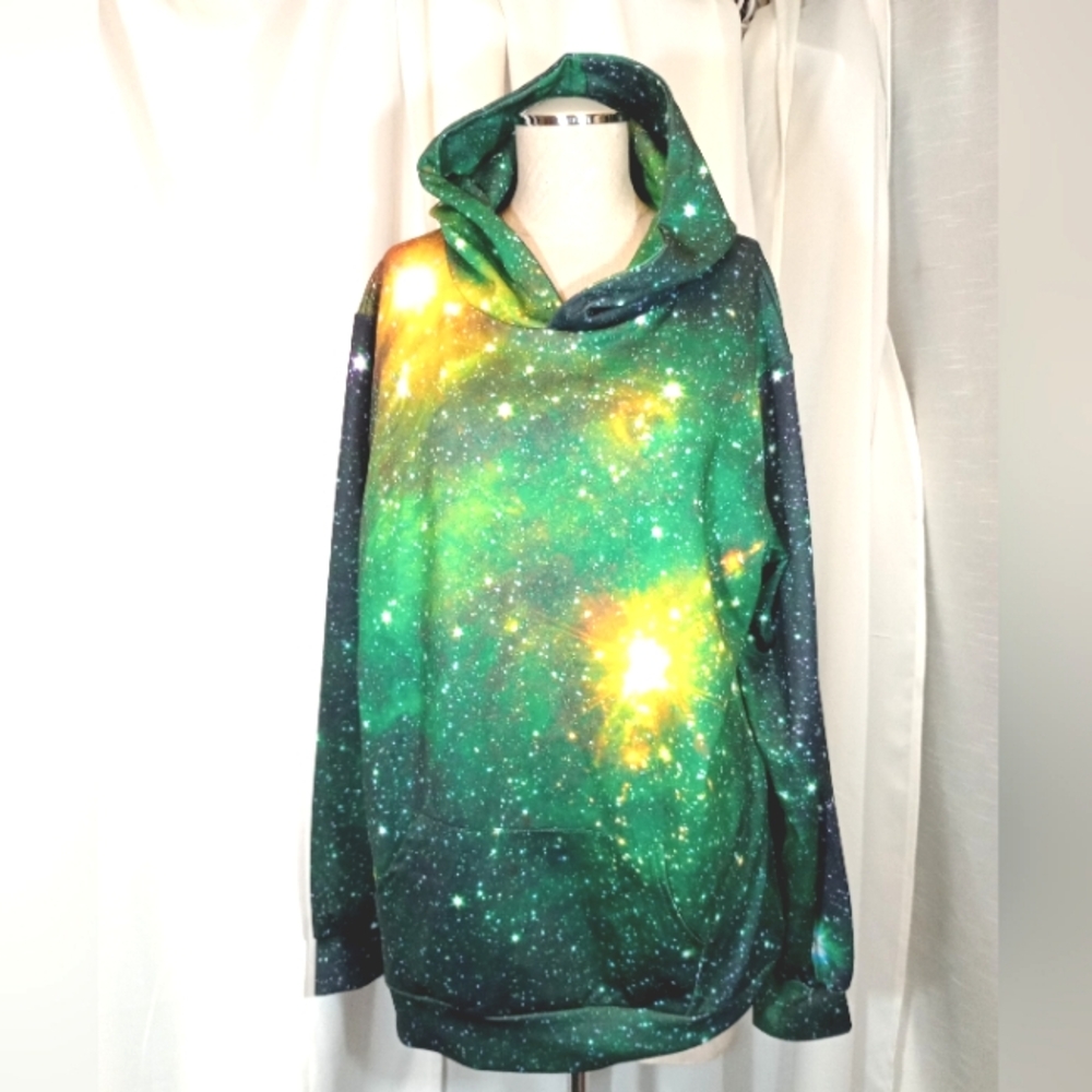 Galaxy Constellation Hoodie, Men, Green+ Yellow stars, Hood,  M, Loose